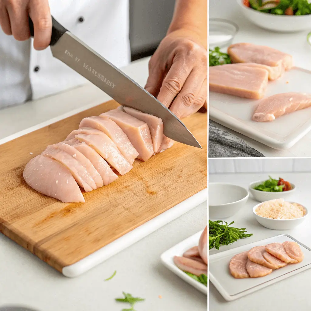 How to Cook Thin Sliced Chicken Breasts Perfectly Every Time 3 Step-by-step guide showing how to slice chicken breasts thinly on a cutting board.
