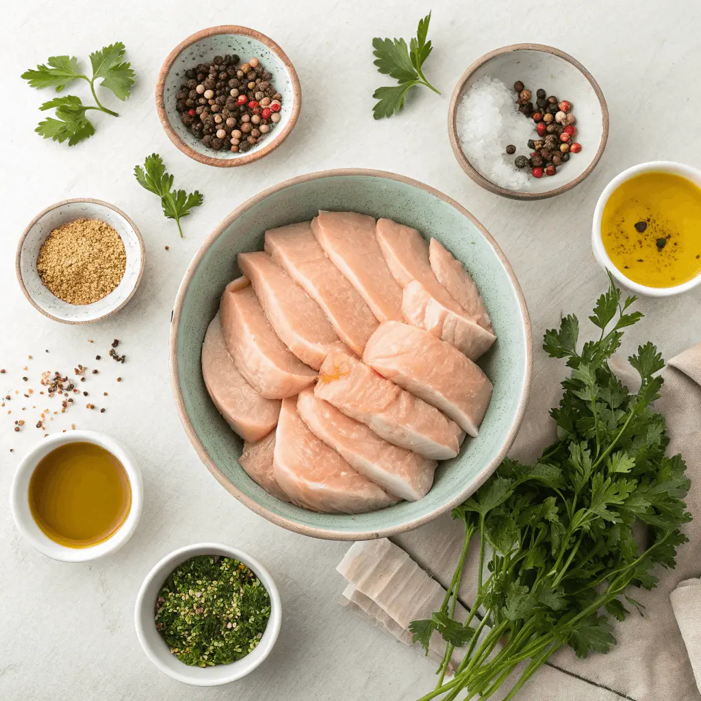 How to Cook Thin Sliced Chicken Breasts Perfectly Every Time 5 Marinated thin sliced chicken breasts surrounded by bowls of herbs and spices.