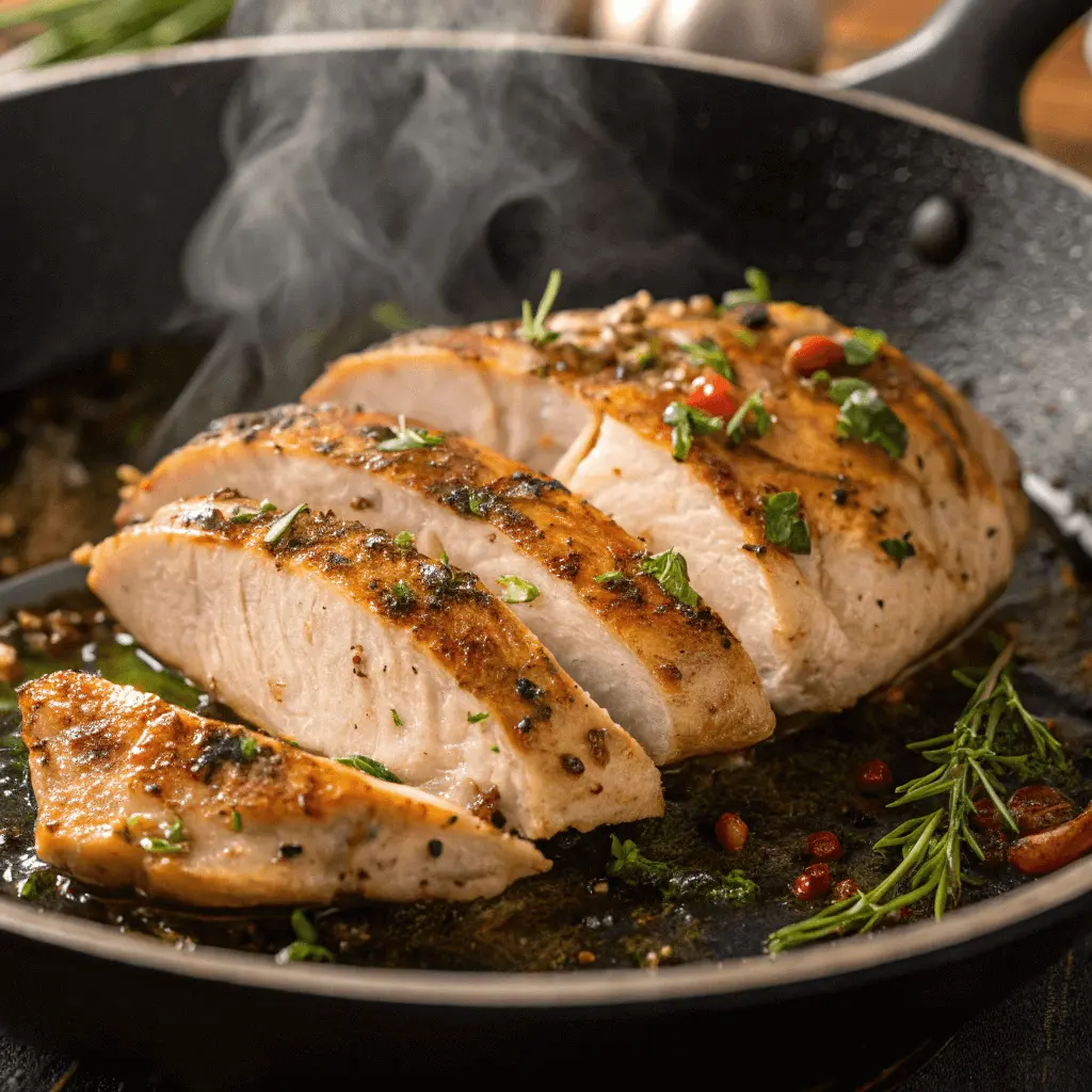 How to Cook Thin Sliced Chicken Breasts Perfectly Every Time 4 Thin sliced chicken breasts pan-frying in a skillet with herbs and seasoning.