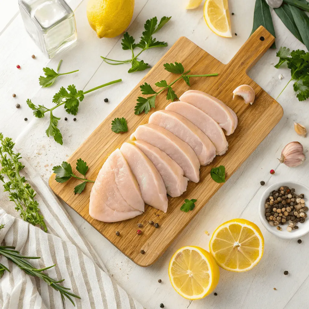 How to Cook Thin Sliced Chicken Breasts Perfectly Every Time 2 Raw thin sliced chicken breasts on a cutting board with herbs and lemon slices.