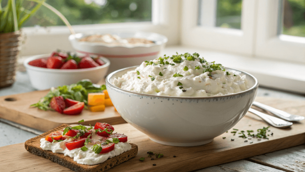 home 9 An assortment of cottage cheese recipes, including creamy cottage cheese garnished with chives, pancakes with strawberries, a fresh salad, and cottage cheese toast on a rustic table