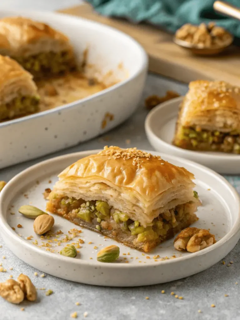 Traditional Greek Desserts You’ll Fall in Love With! 2 Close-up of Greek dessert baklava with flaky phyllo layers, nuts, and honey syrup