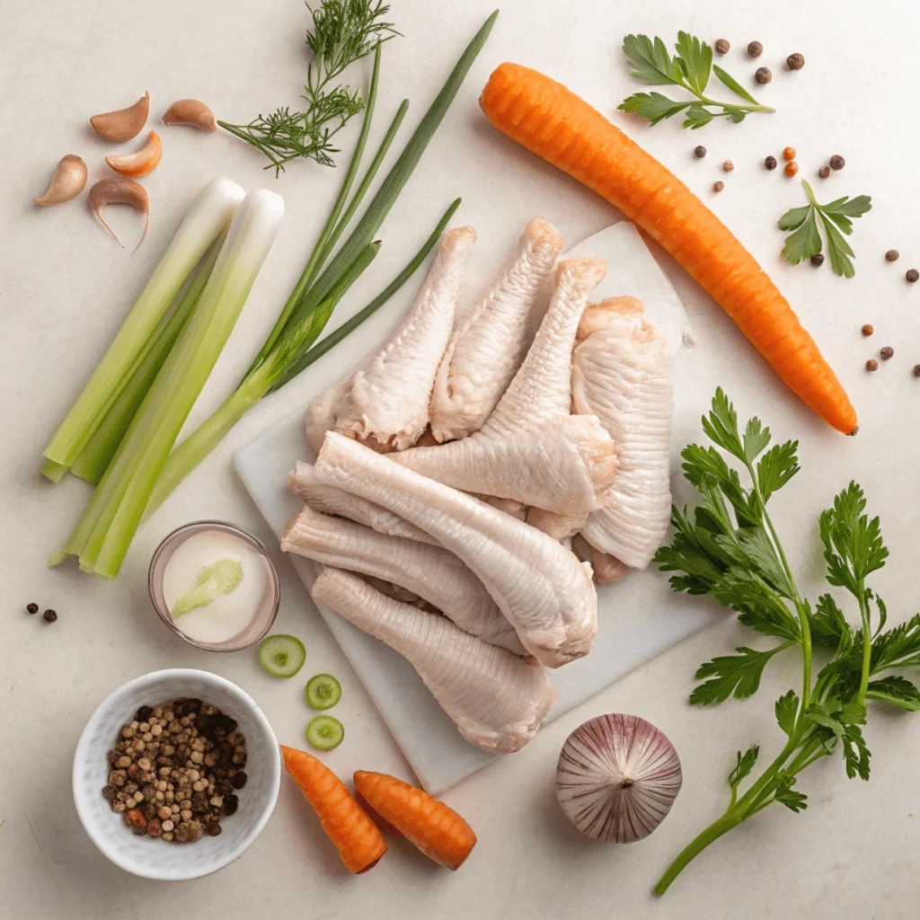 Homemade Chicken Bone Broth – Rich, Healthy & Flavorful 3 Essential chicken bones, vegetables, and herbs for Chicken Bone Broth Recipe