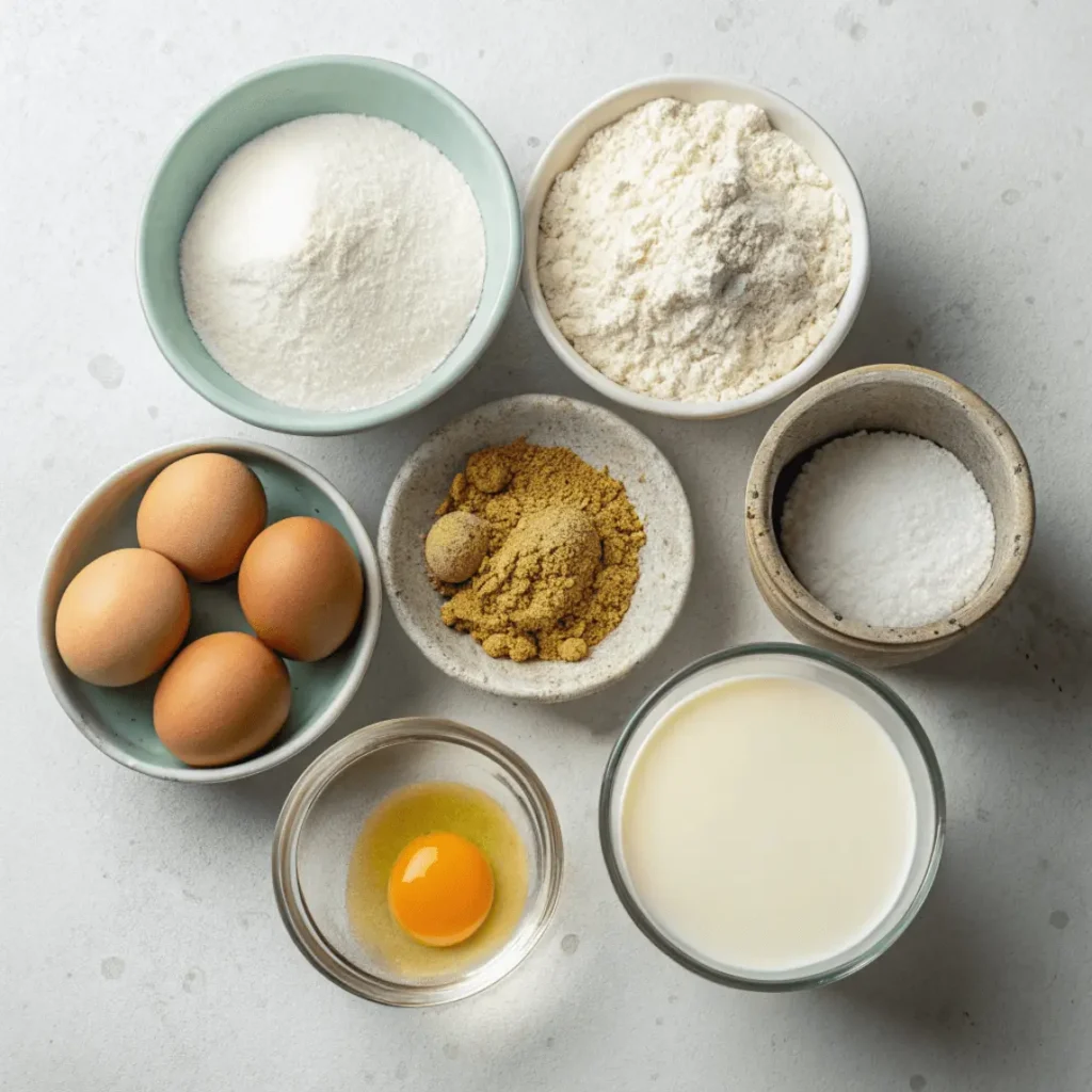 The Secret to Making the Best Pancakes | Fluffy Pancake Tips 3 Flat lay of pancake ingredients including flour, eggs, milk, and baking powder.