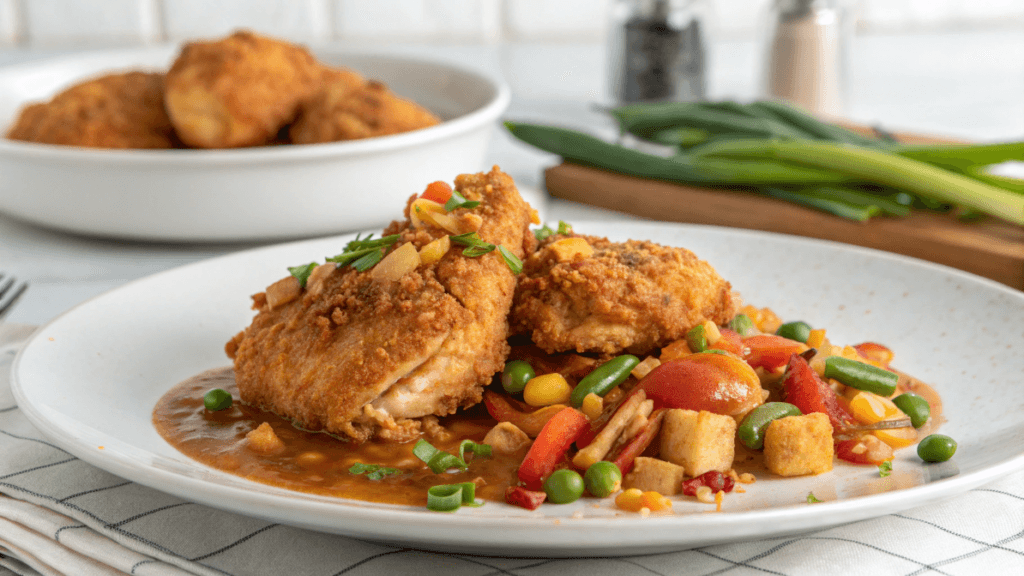 home 8 Alice Springs Chicken served on a plate with sautéed vegetables including tomatoes, green beans, corn, and peas