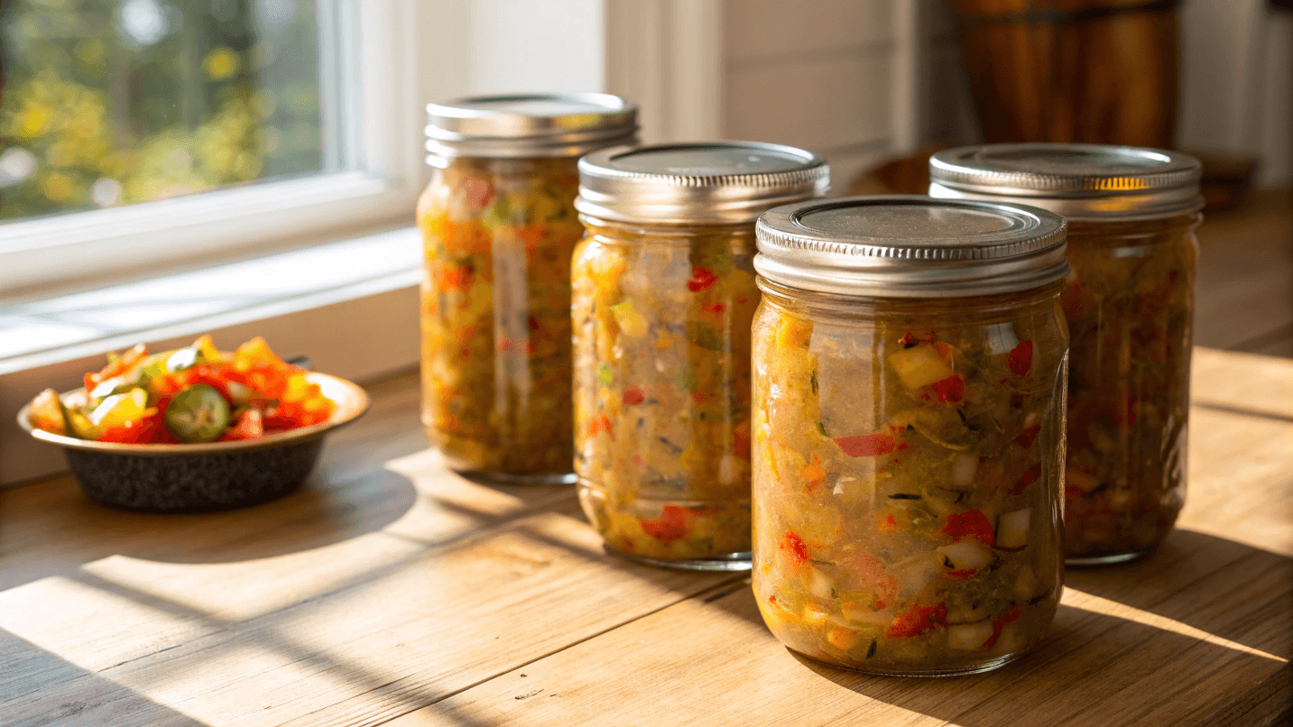 Jars of homemade chow chow relish, neatly arranged on a wooden table with a red-striped cloth