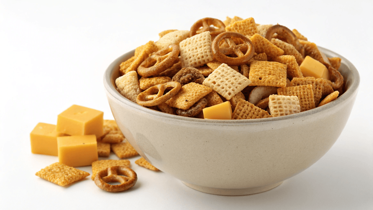 Chex Mix in a bowl with pretzels