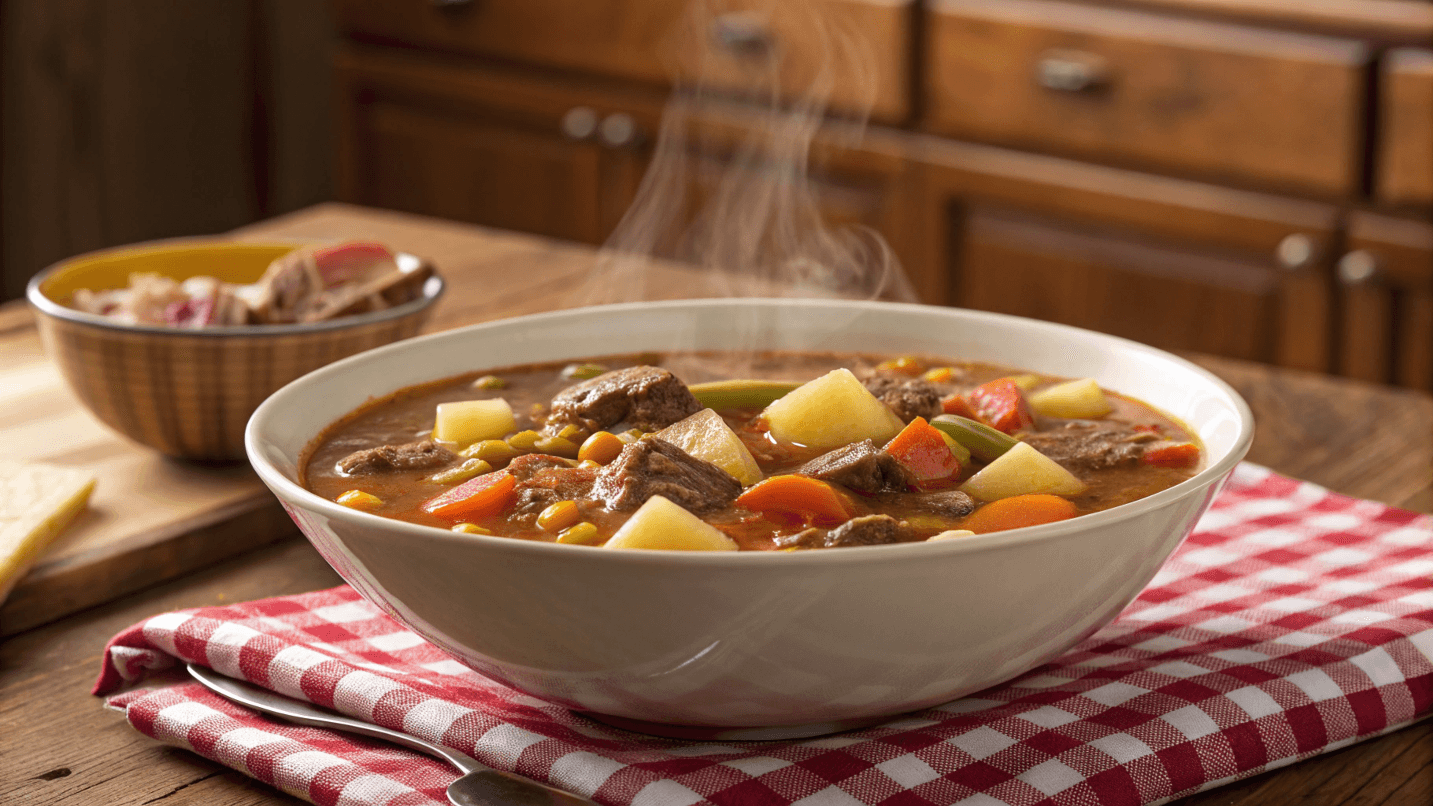 Hearty Cowboy Soup Recipe: A One-Pot Comfort Meal Everyone Will Love 1 A steaming bowl of hearty cowboy soup filled with chunks of beef, potatoes, carrots, green beans, and corn, served on a red-and-white checkered napkin.