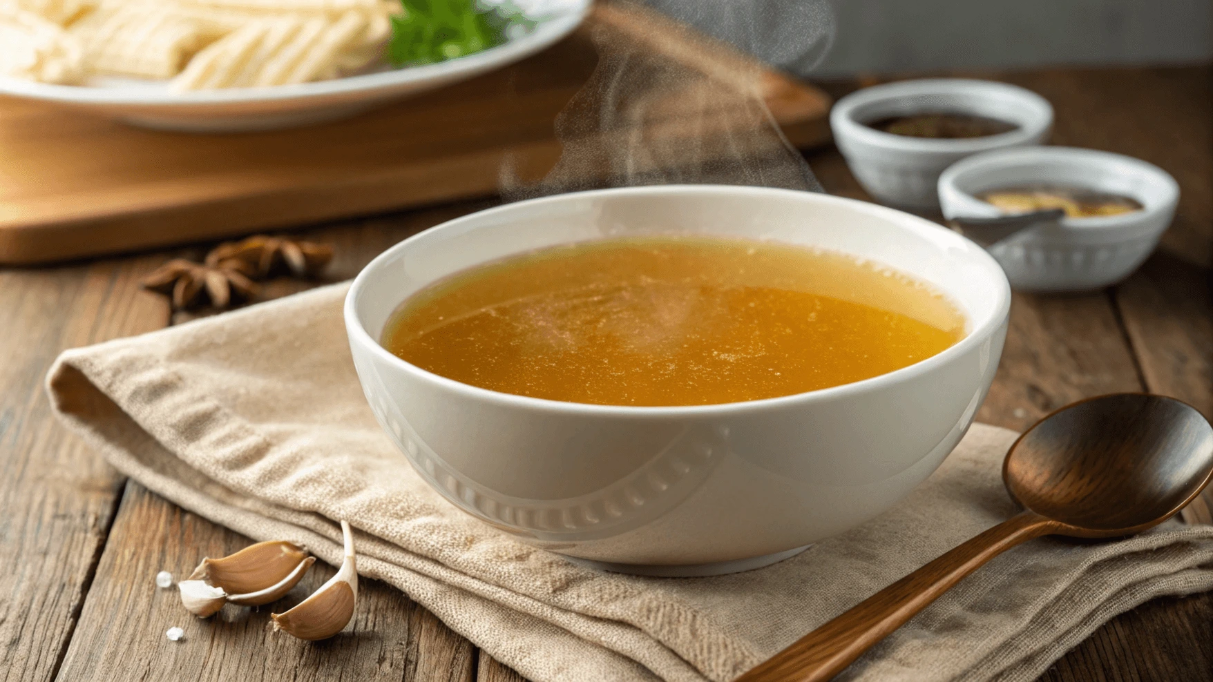 Close-up of homemade chicken bone broth recipe bowl on a wooden table.