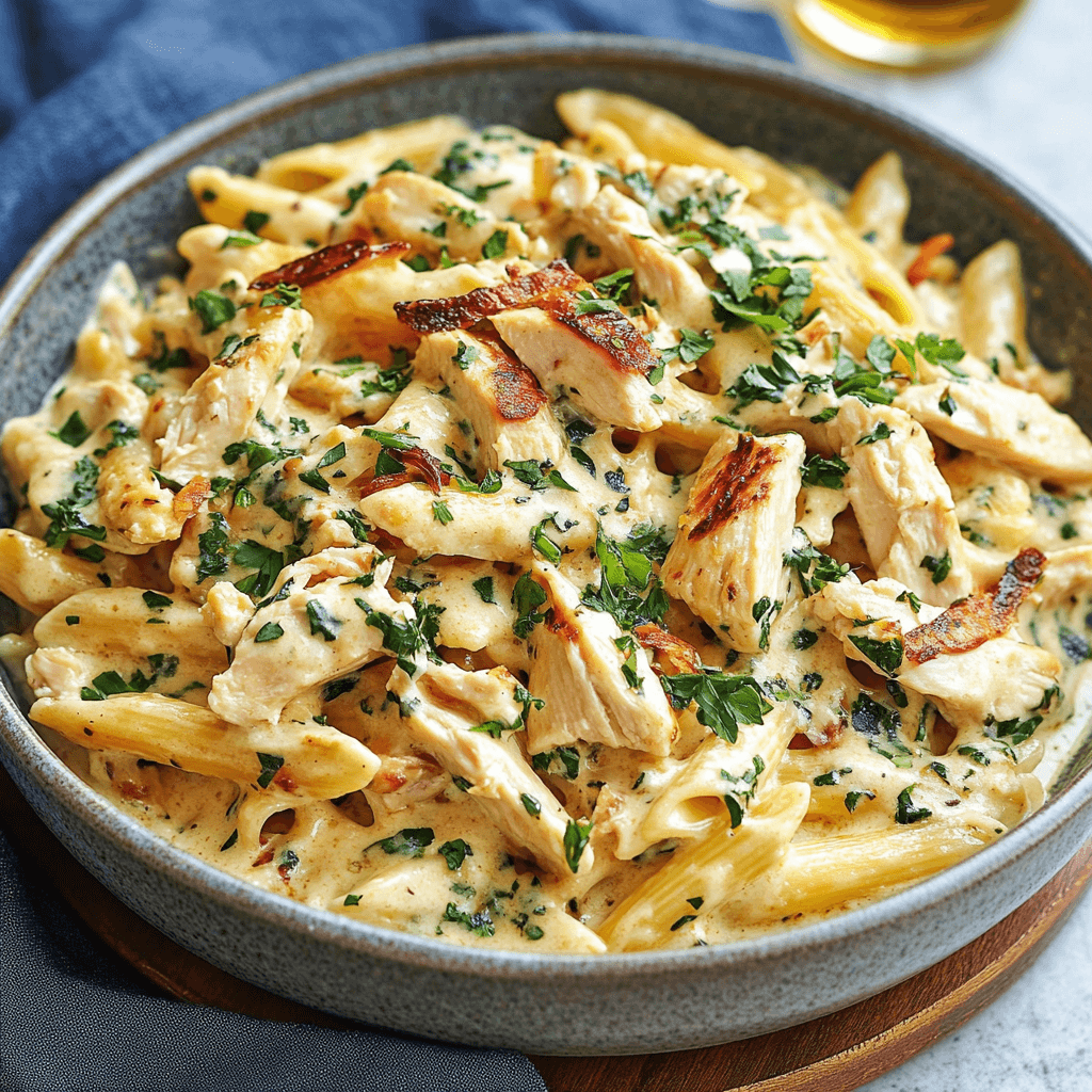 Marry Me Chicken Pasta recipe close-up in rustic bowl