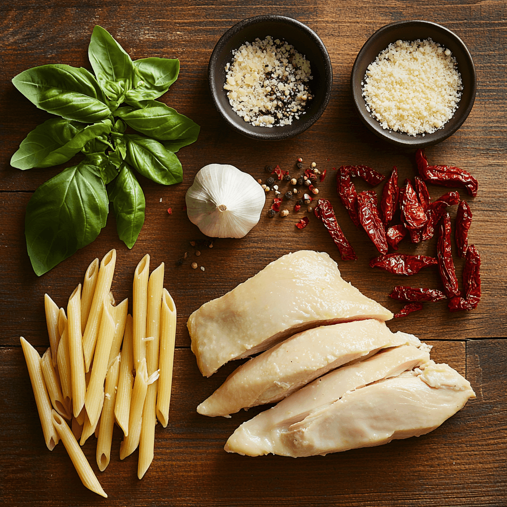 Marry Me Chicken Pasta Recipe That’s Creamy, Quick & Impossible to Resist 7 Ingredients for Marry Me Chicken Pasta laid out on wood