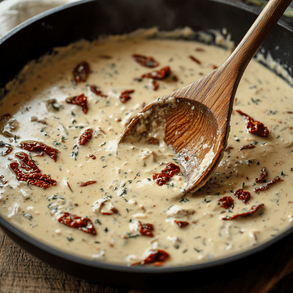 Marry Me Chicken Pasta Recipe That’s Creamy, Quick & Impossible to Resist 9 Creamy sauce simmering in skillet with tomatoes