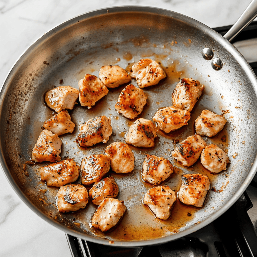 Marry Me Chicken Pasta Recipe That’s Creamy, Quick & Impossible to Resist 8 Chicken pieces searing in skillet for Marry Me Chicken Pasta