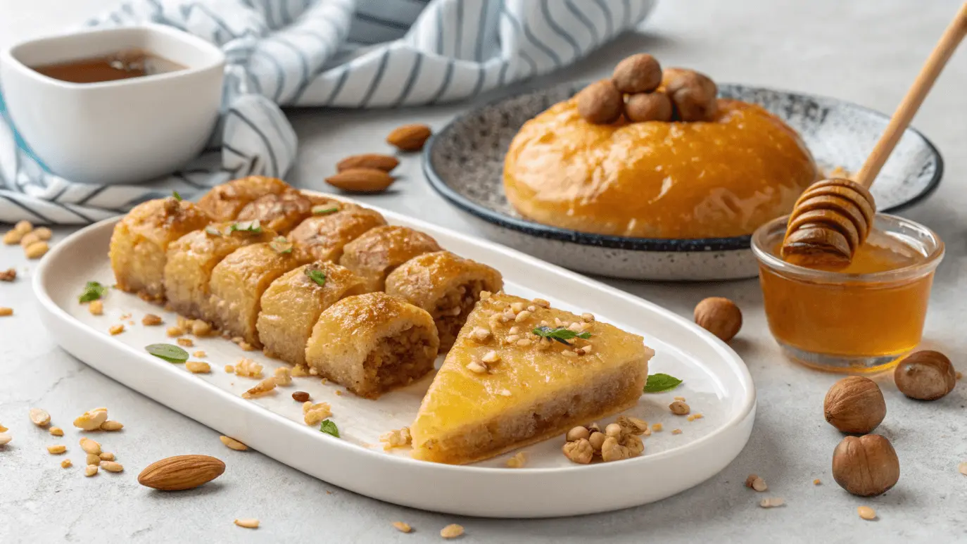 Traditional Greek Desserts You’ll Fall in Love With! 1 Assorted Greek dessert platter with baklava, loukoumades, galaktoboureko, and revani