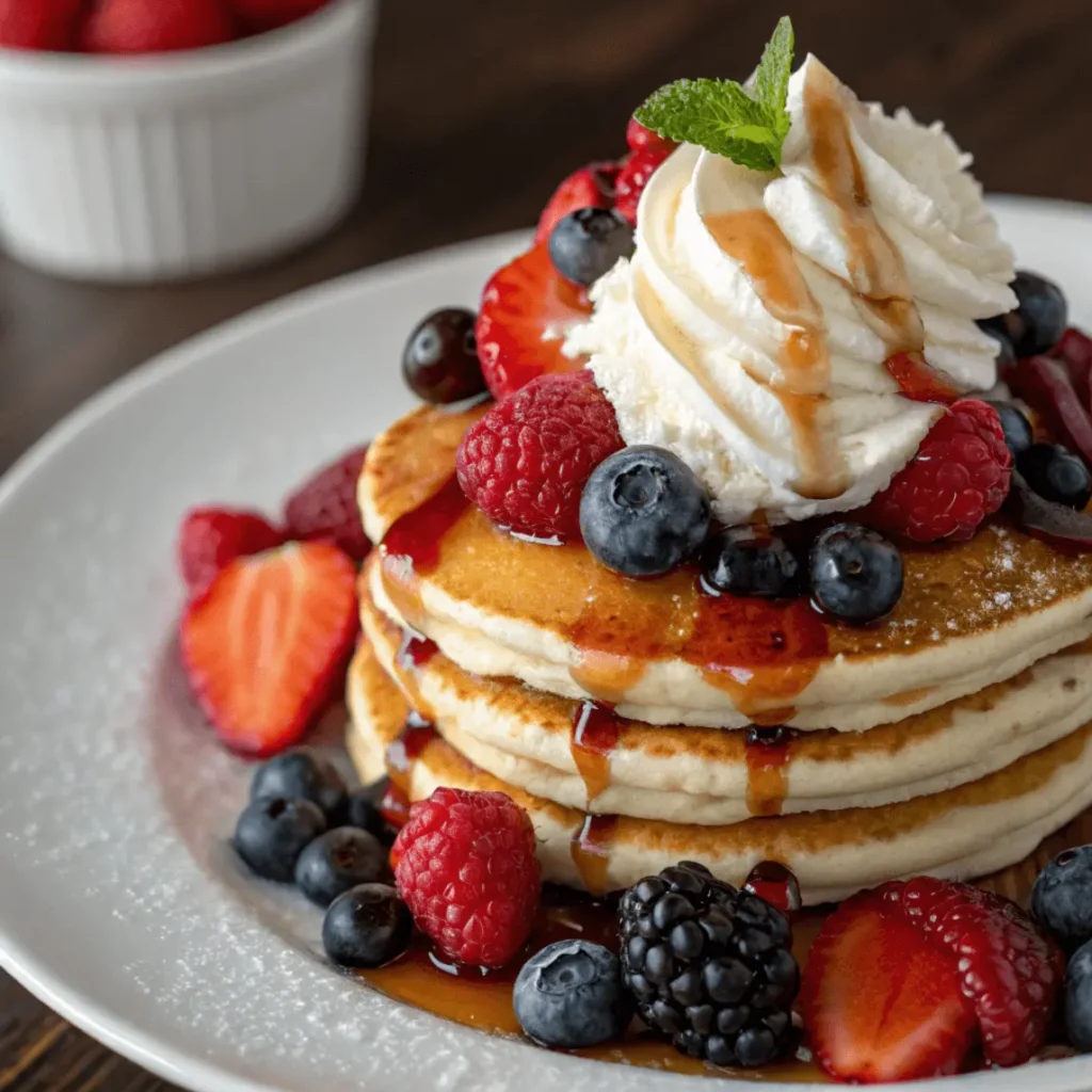 The Secret to Making the Best Pancakes | Fluffy Pancake Tips 4 Pancakes topped with berries, whipped cream, syrup, and savory toppings.