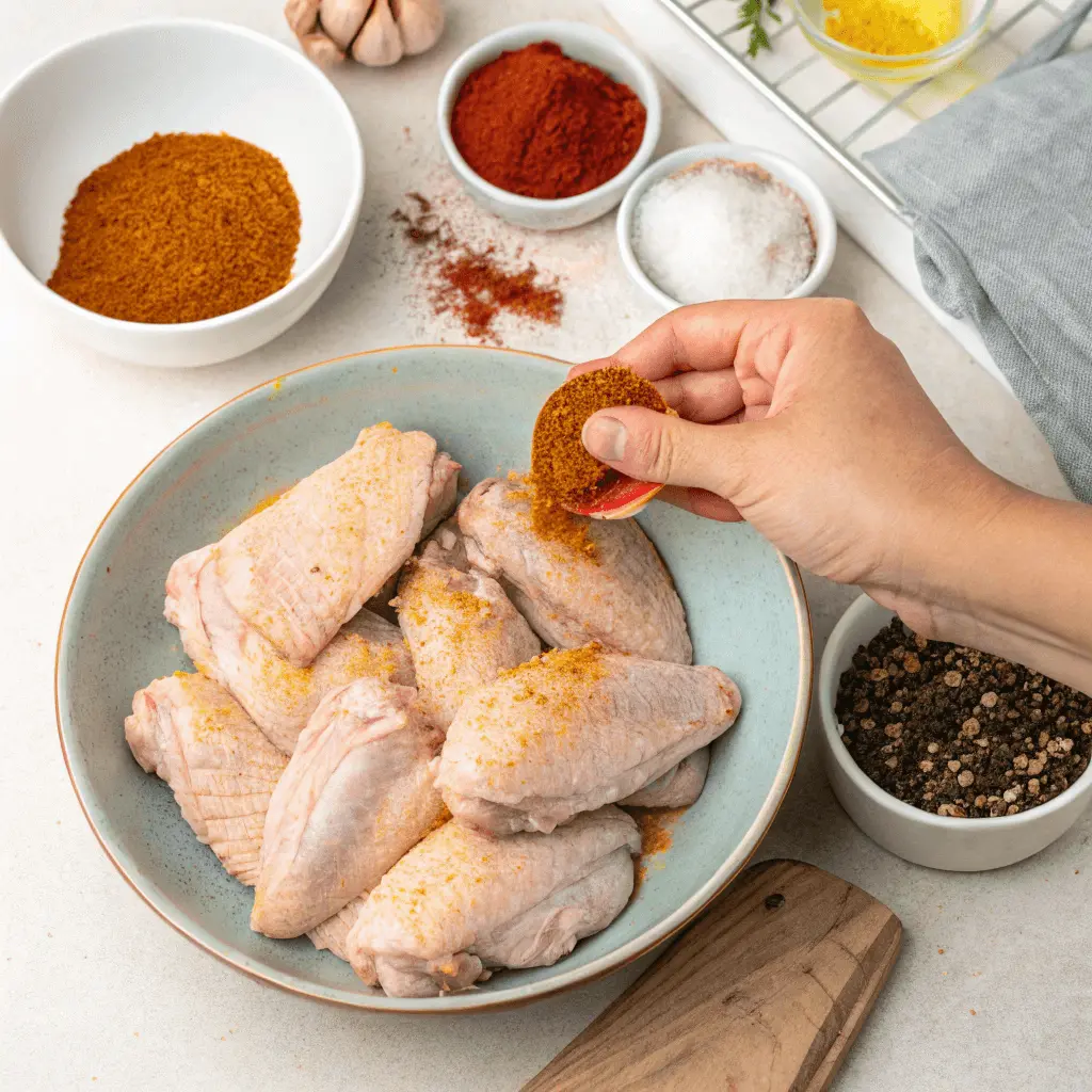 Mastering Frozen Chicken Wings in the Air Fryer: Tips & Benefits 3 Seasoning frozen chicken wings for air frying.