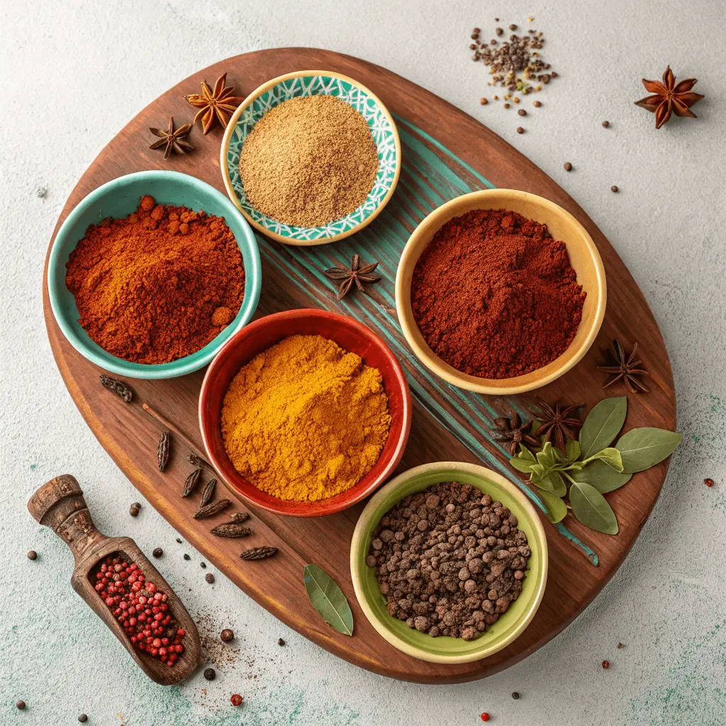 Easy Homemade Bison Chili Recipe That's Rich & Hearty 3 Assorted spices for bison chili on a wooden board