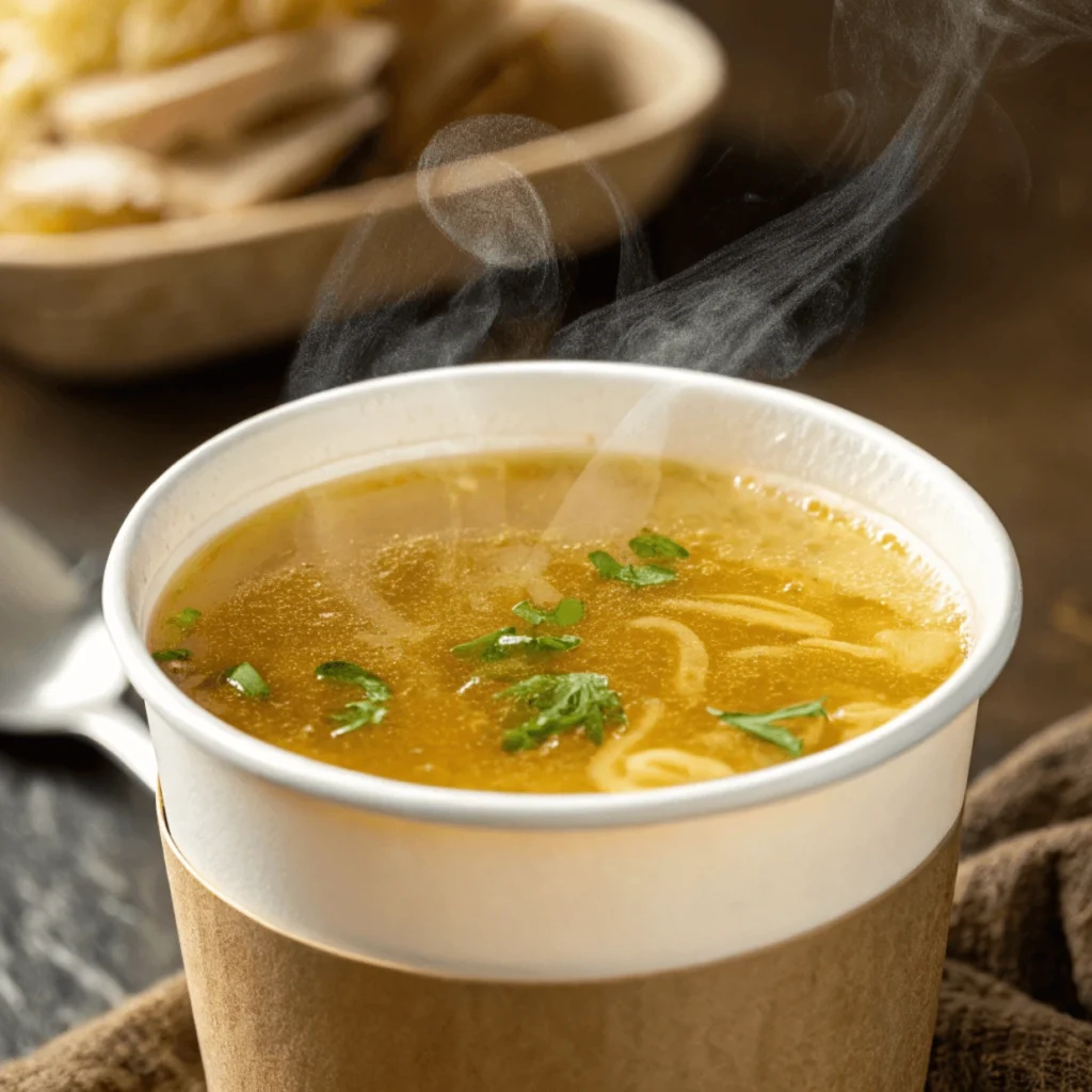 Homemade Chicken Bone Broth – Rich, Healthy & Flavorful 2 Close-up of a cup of steaming chicken bone broth.