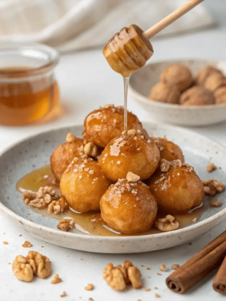 Traditional Greek Desserts You’ll Fall in Love With! 3 Close-up of Greek loukoumades honey puffs topped with cinnamon and walnuts