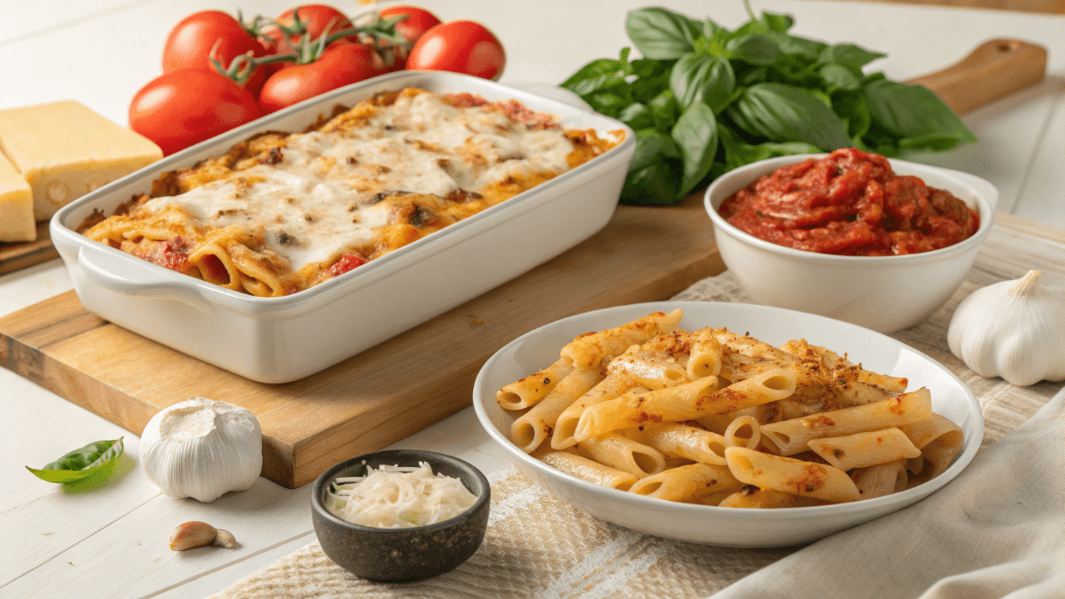 Baked ziti and baked penne dishes displayed side by side with fresh ingredients answering What is the difference between baked ziti and baked penne noodles.