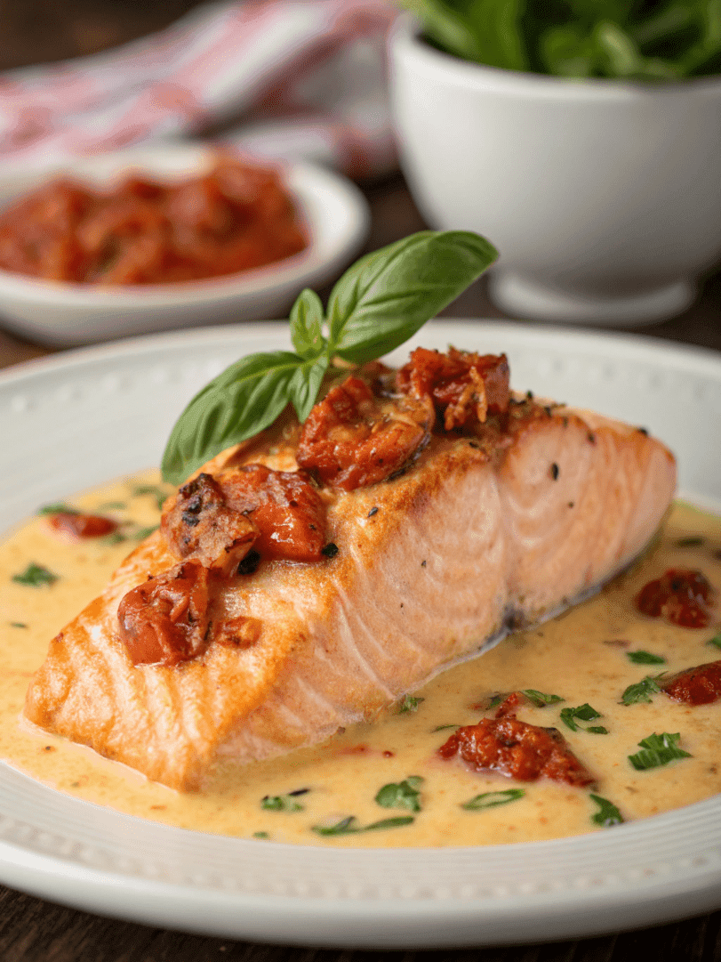 Delicious Marry Me Salmon recipe with creamy sun-dried tomato sauce.