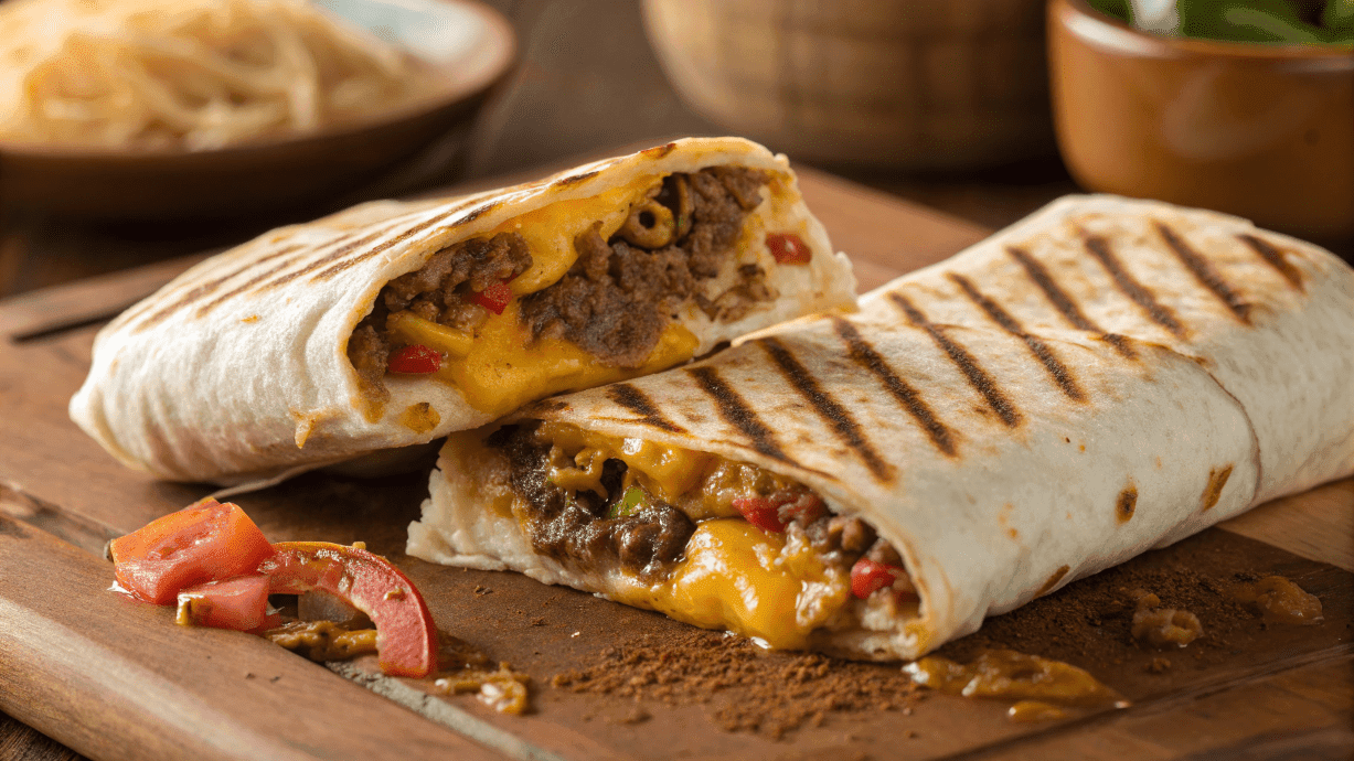 Delicious grilled cheese burrito with melted cheese pull.