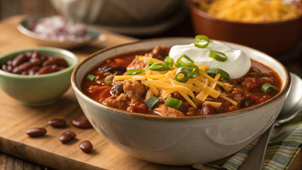 Steaming bowl of Ground Chicken Chili with toppings