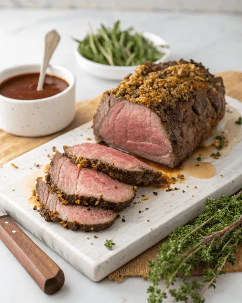 Beef Cheek Meat: Expert Tips for Perfectly Tender, Flavorful Dishes 4 Sliced beef cheek with a golden herb crust on a cutting board, served with fresh thyme