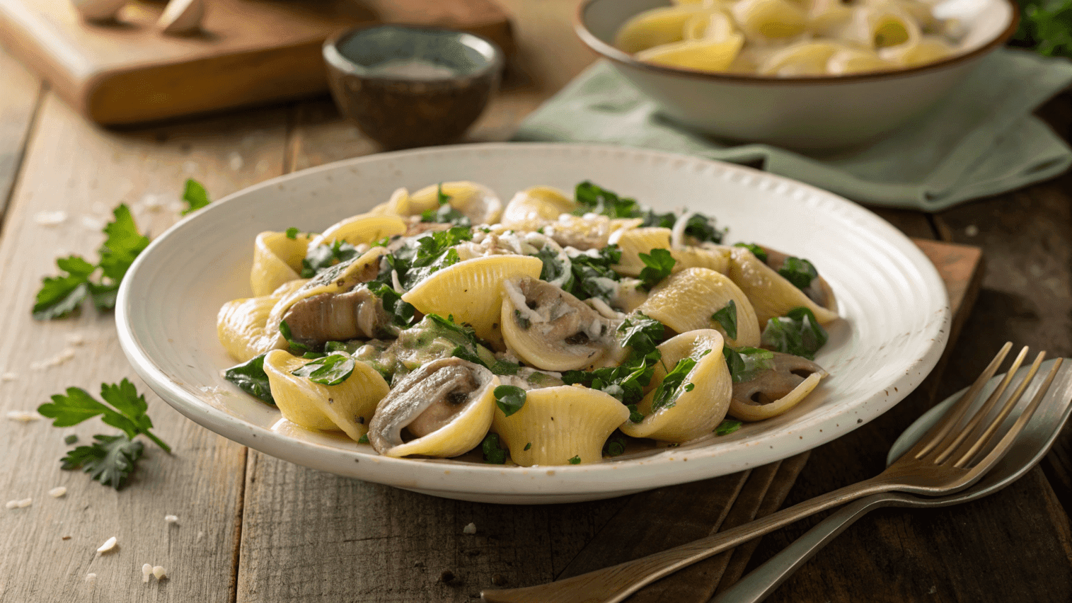 Creamy lumache pasta with mushrooms and spinach on a rustic table.