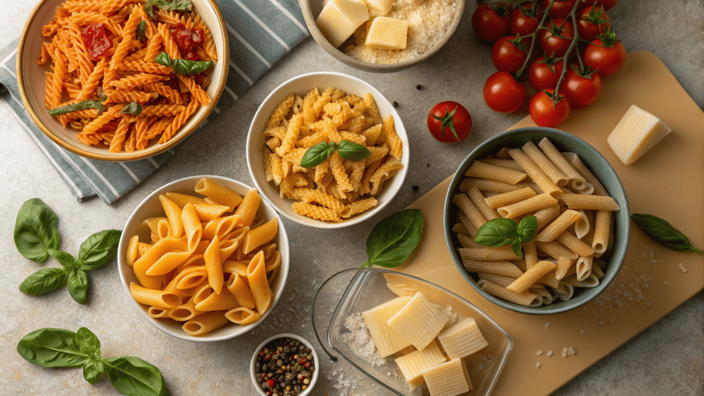 What pasta is closest to mostaccioli? Discover pasta varieties with fresh ingredients on a vibrant kitchen countertop.