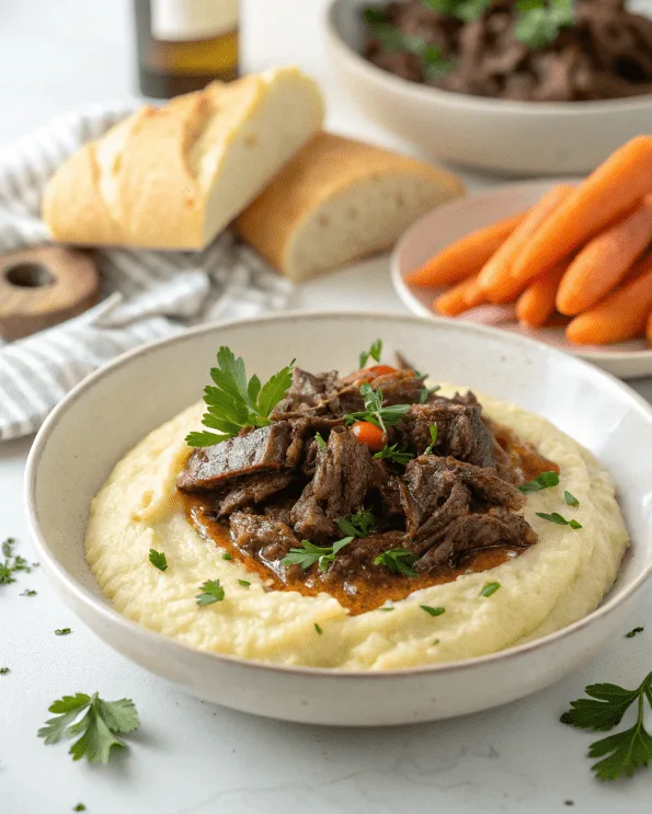 Beef Cheek Meat: Expert Tips for Perfectly Tender, Flavorful Dishes 3 Shredded beef cheek meat served on polenta with mashed potatos, roasted carrots and crusty bread.