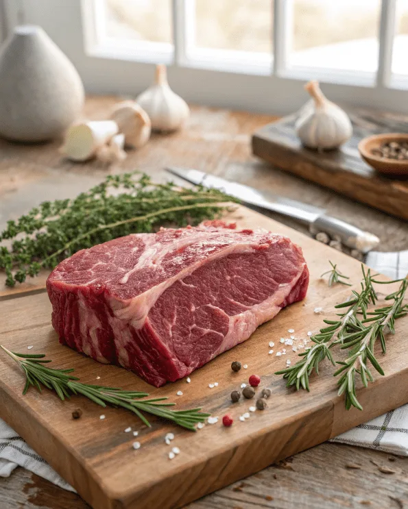 Beef Cheek Meat: Expert Tips for Perfectly Tender, Flavorful Dishes 2 A raw beef cheek meat on a butcher block surrounded by fresh herbs and garlic