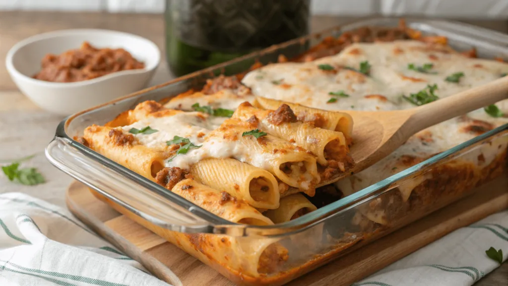 7 Must-Know Differences Between Baked Ziti and Penne Noodles 4 A layered baked ziti dish with sauce and melted cheese in a glass casserole.