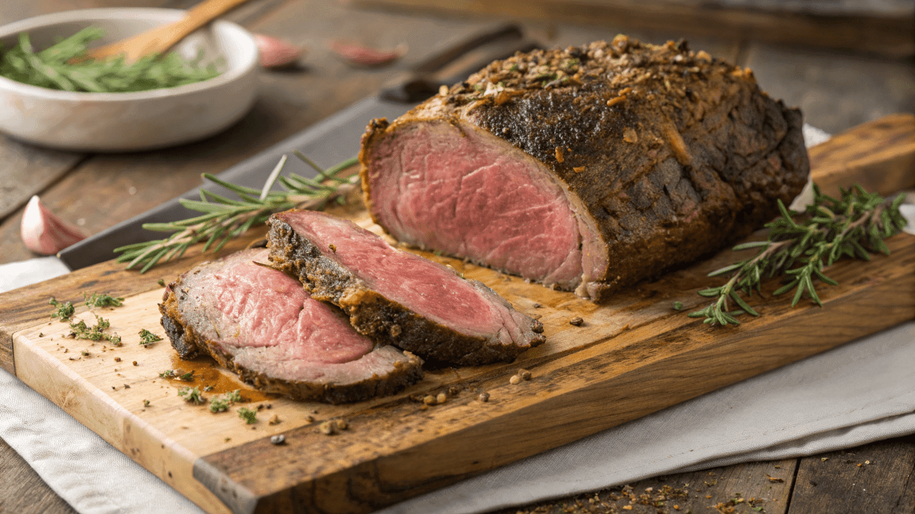 Perfectly cooked ribeye roast with garlic herb crust and sliced medium-rare.