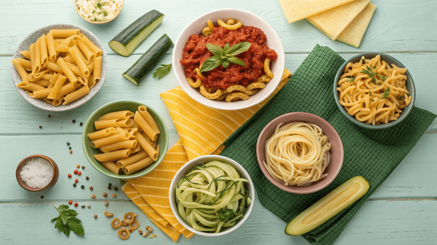 A variety of ziti substitutes, including penne, rigatoni, zucchini noodles, and chickpea pasta, surrounded by fresh ingredients.