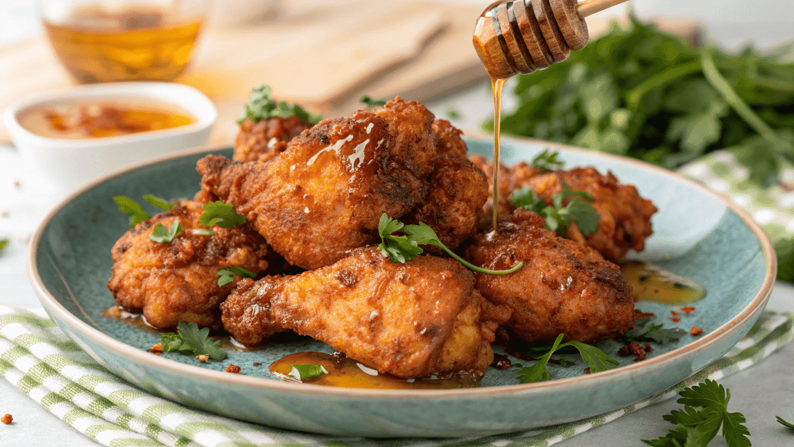 Crispy Hot Honey Chicken with a sweet and spicy glaze.