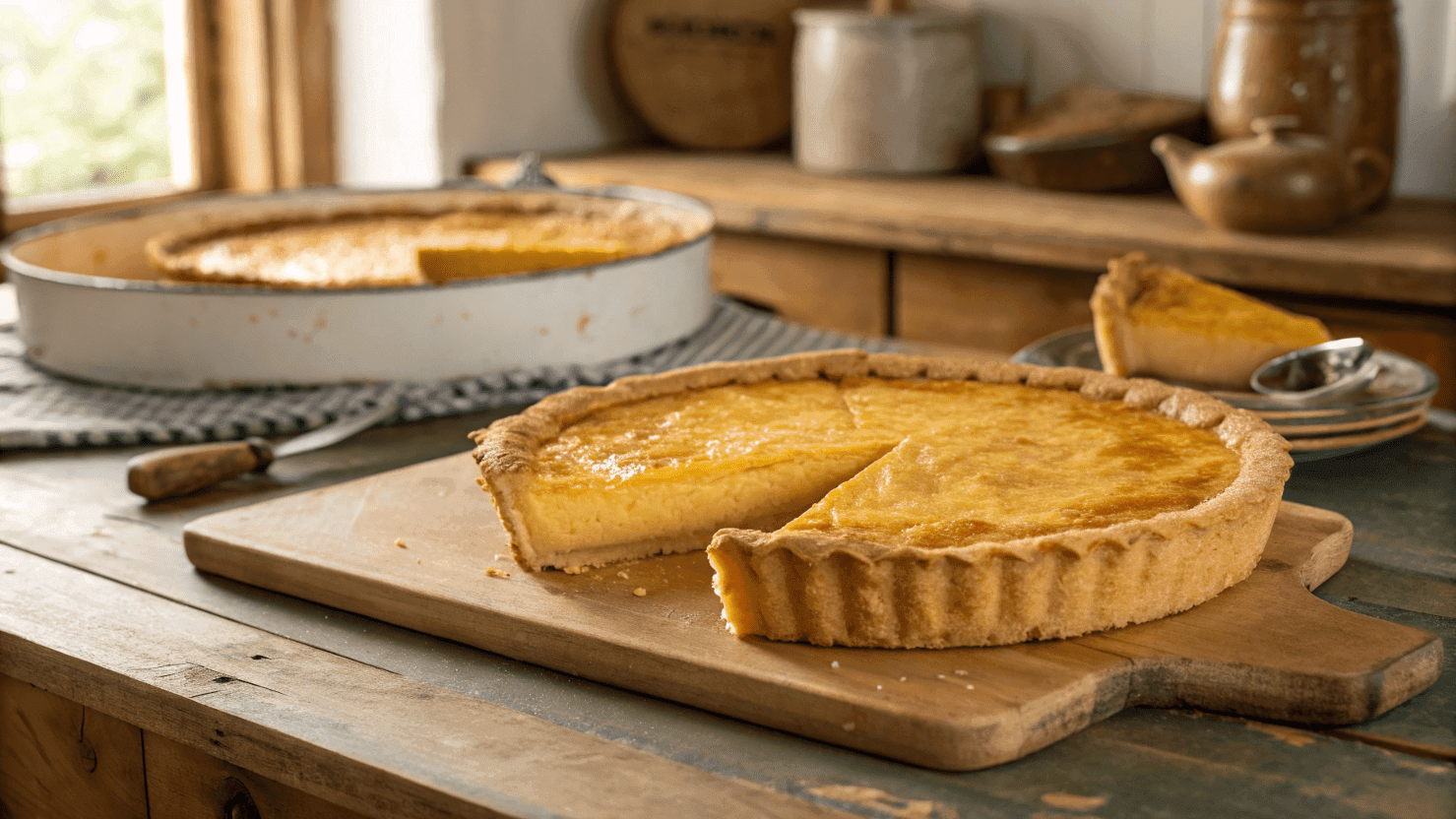 A golden water pie surrounded by its simple ingredients on a rustic table.