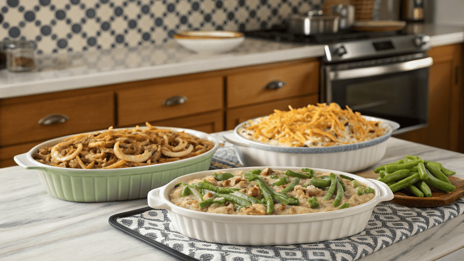 Green bean casserole variations with different toppings in baking dishes.