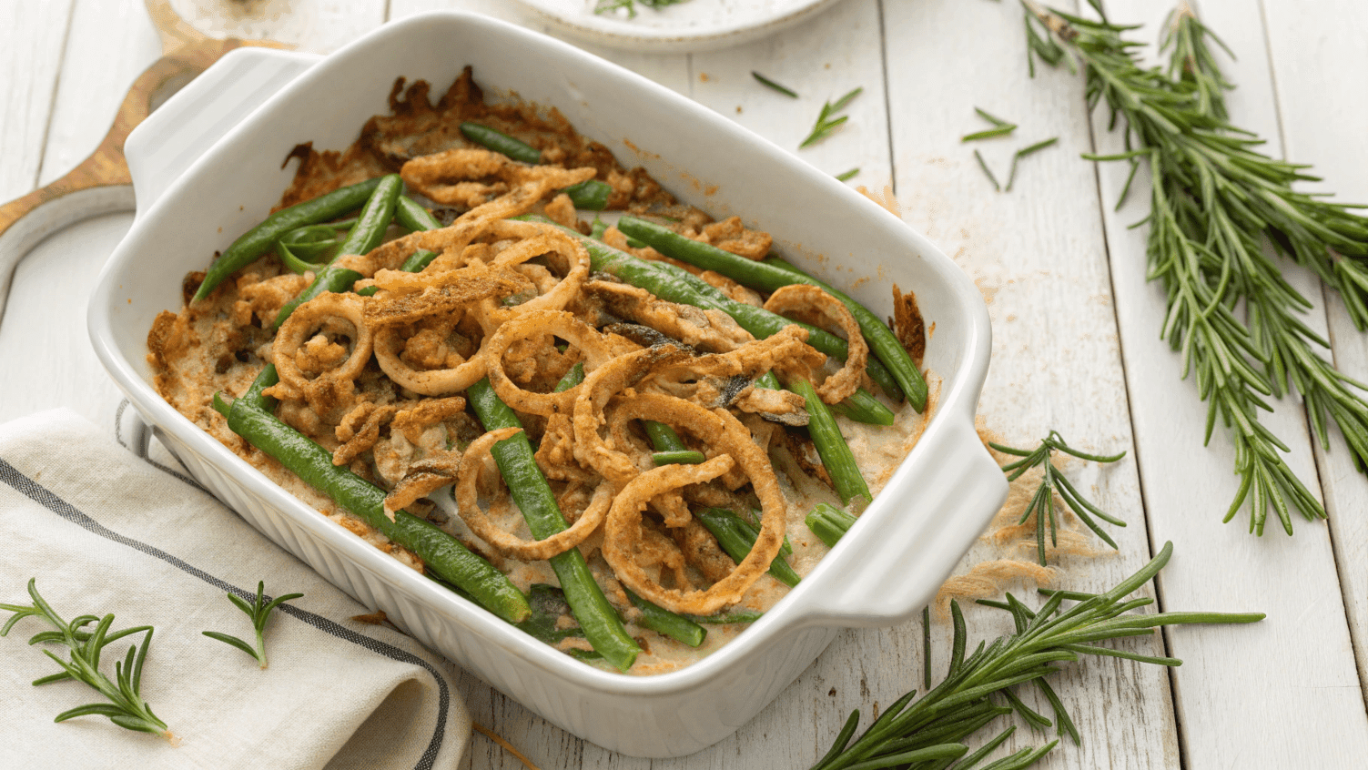 Delicious Vegan Green Bean Casserole bubbling in a baking dish, topped with crispy onions.