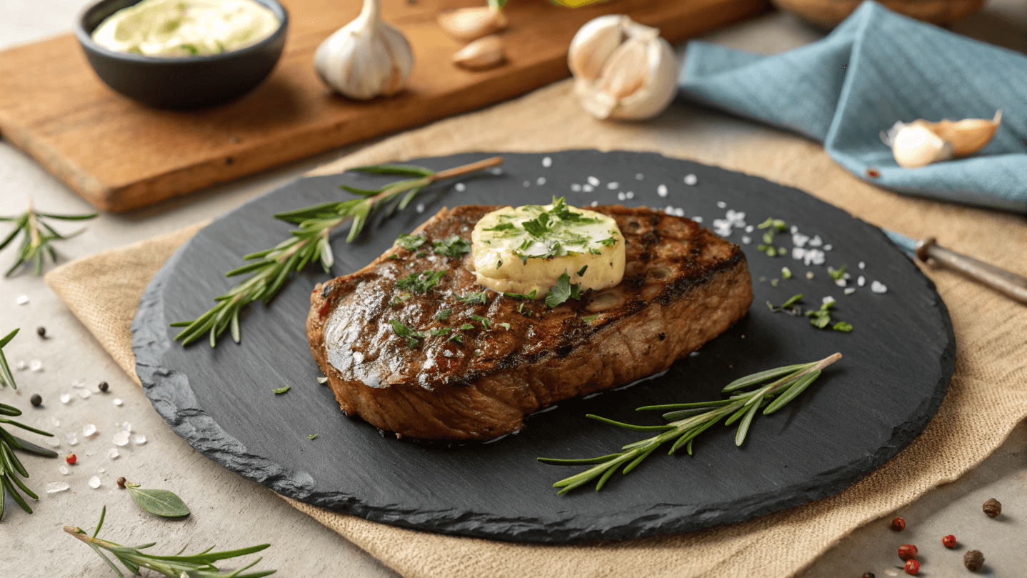 Seared beef heart steak garnished with garlic herb butter on a slate plate, served gourmet-style answering : How rare can you eat beef heart?