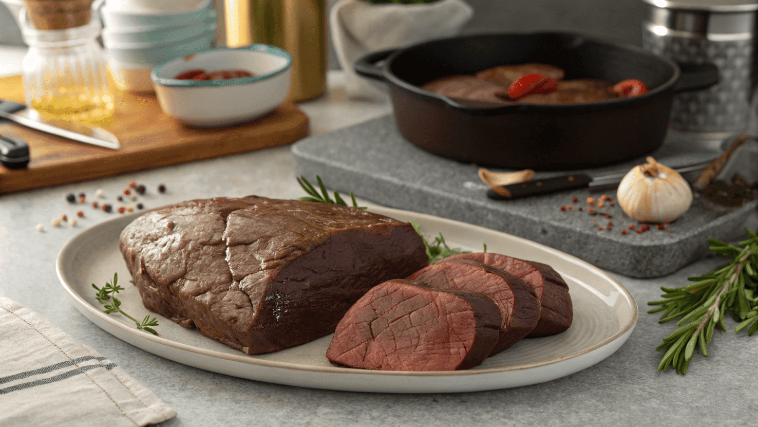 Close-up view of raw beef heart and liver on a ceramic plate, surrounded by fresh herbs and garlic answering the question : Does beef heart taste better than liver?