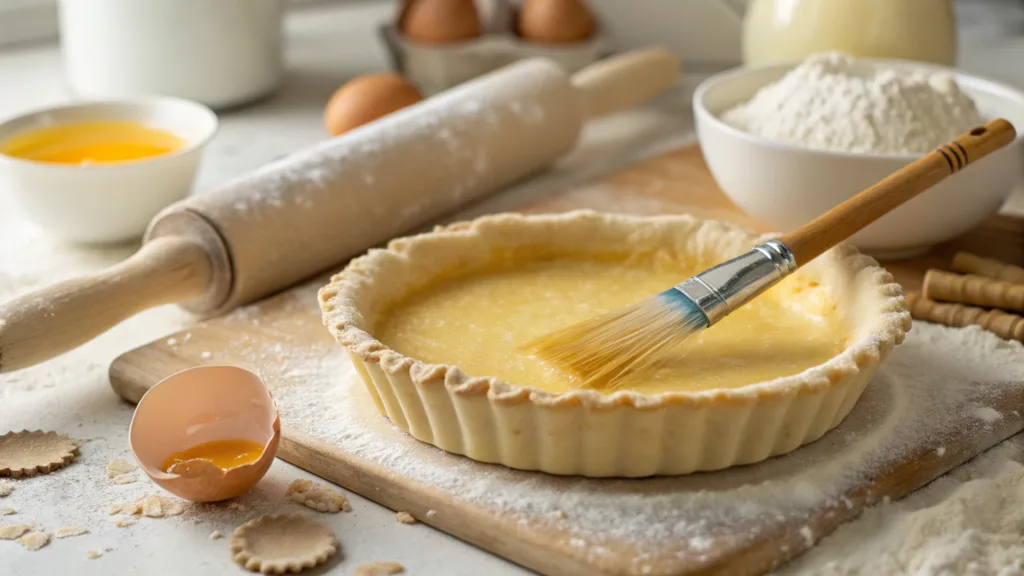Crisp Pumpkin Pie Recipe: How to Prevent a Soggy Bottom Crust 3 A pre-baked pie crust being brushed with egg wash to prevent sogginess during baking answering the question : How do you keep the bottom of a pumpkin pie from getting soggy?