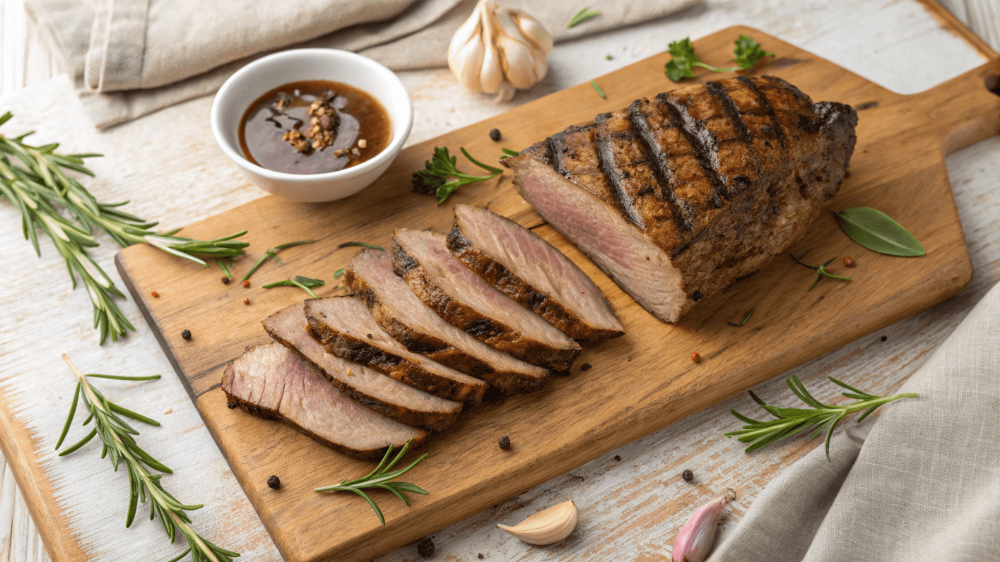 Grilled beef heart slices with a golden crust, garnished with fresh herbs and garlic on a wooden cutting board