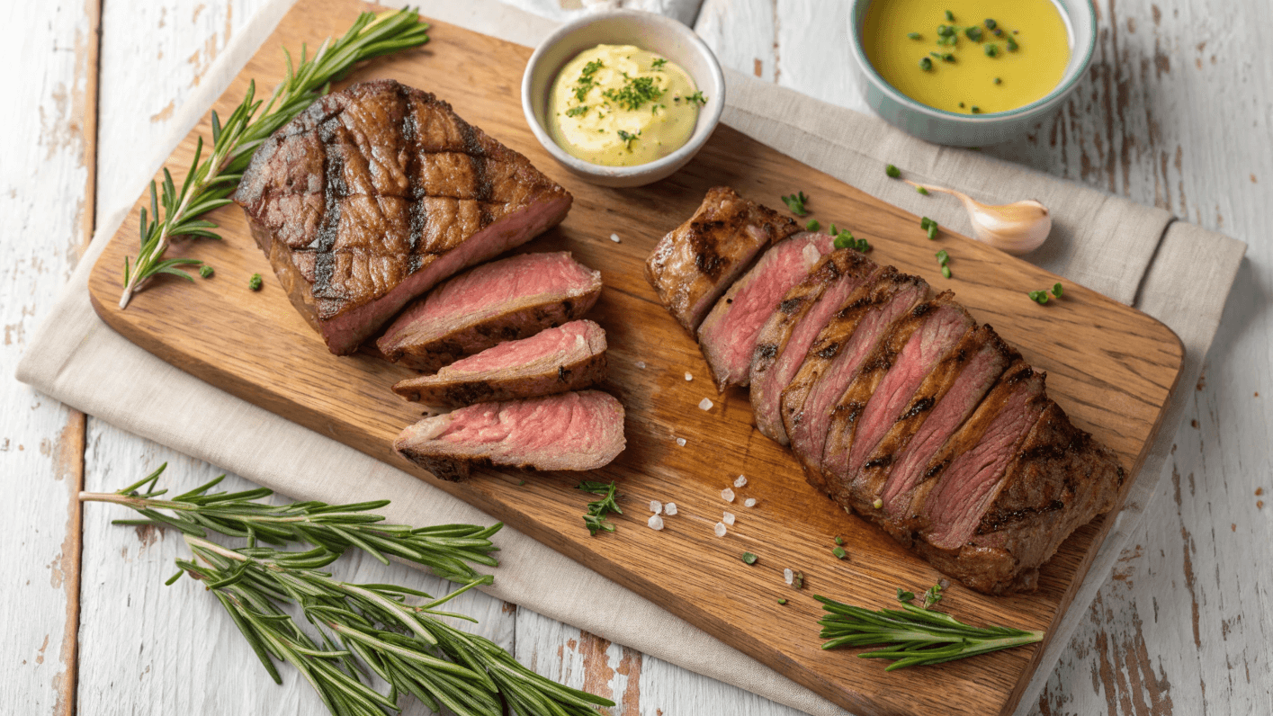 Slices of perfectly seared beef heart and steak garnished with rosemary on a rustic board, answering the question : Is beef heart better than steak