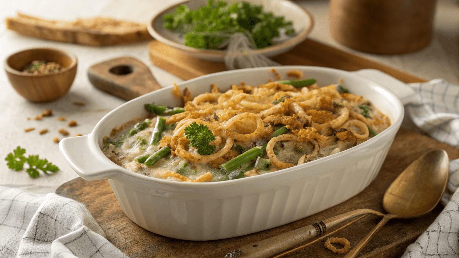 Golden and crispy green bean casserole served in a white dish with steam rising, perfect for any occasion.