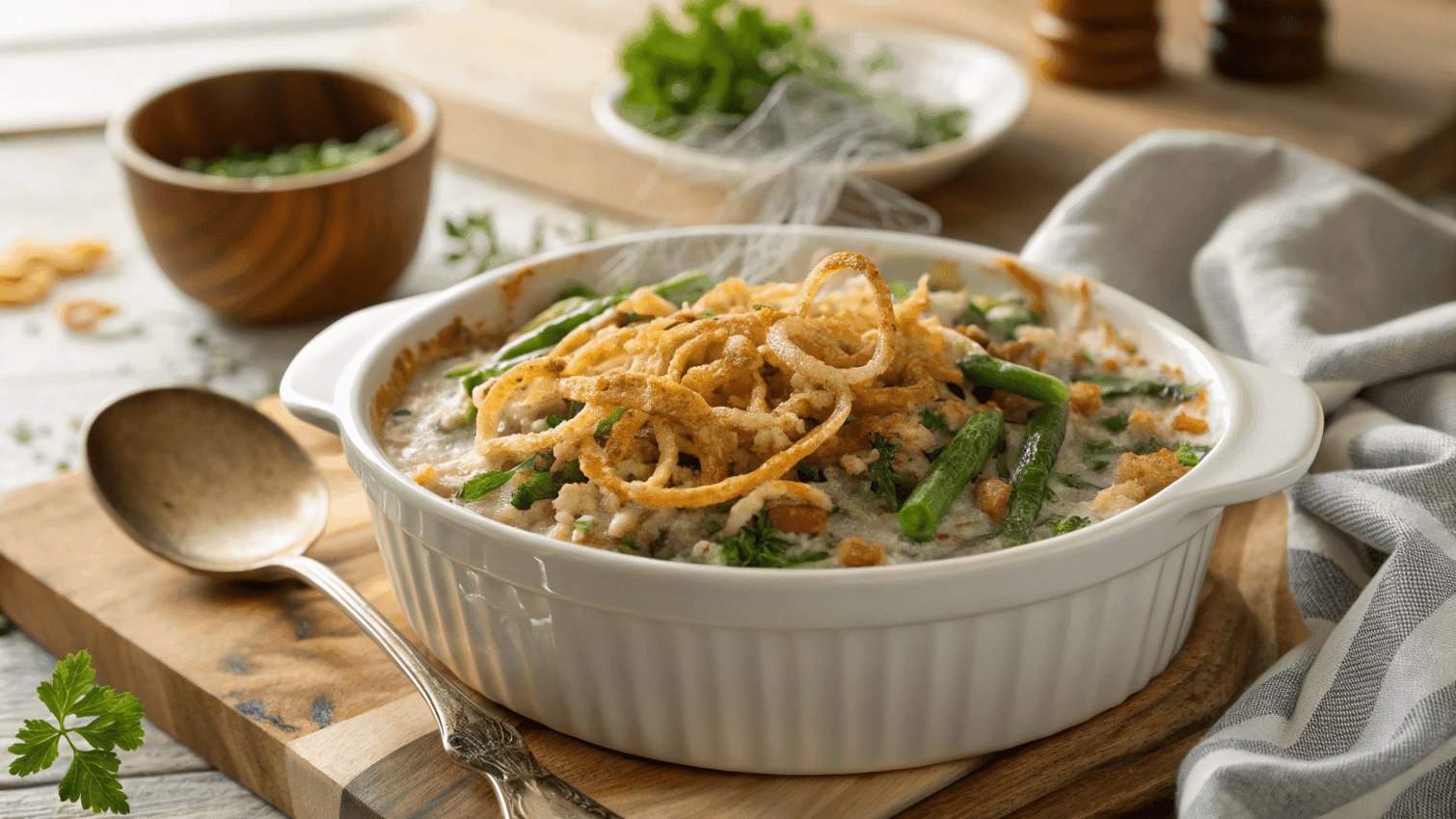 Golden and crispy green bean casserole served in a white dish with steam rising answering the question : What are the ingredients in a green bean casserole?