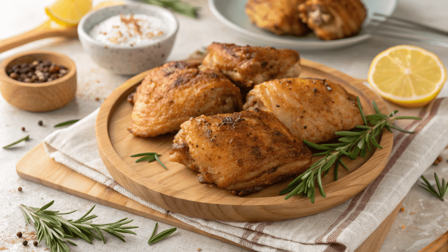 Crispy air fryer chicken thighs on a wooden platter with fresh herbs and a lemon wedge.