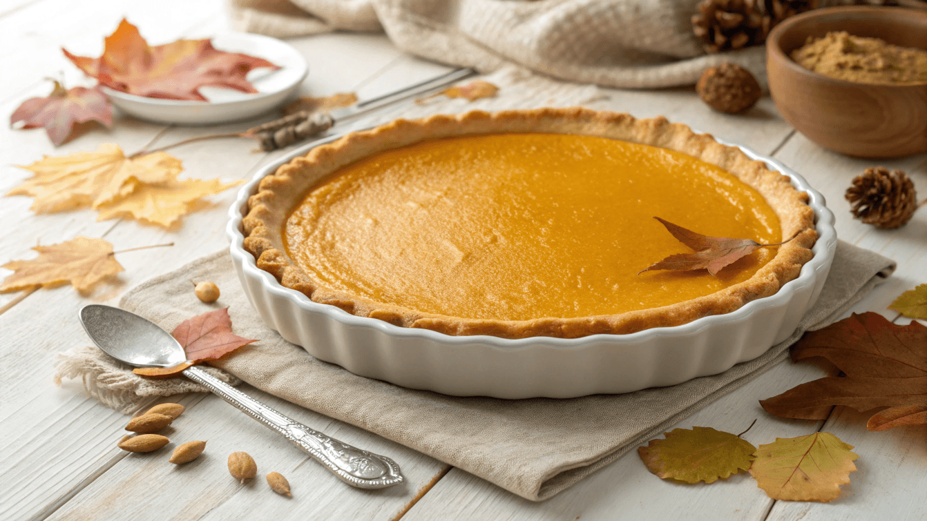 Classic pumpkin pie made with condensed milk, golden brown and glossy, perfect for a holiday table.