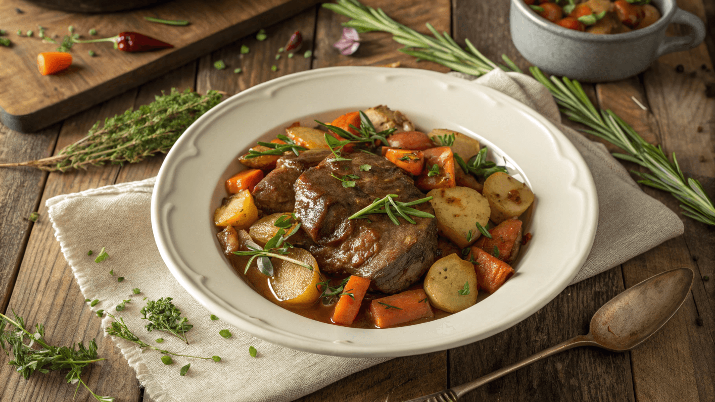 Slow-braised heart meat surrounded by roasted vegetables and herbs, plated on a rustic wooden table