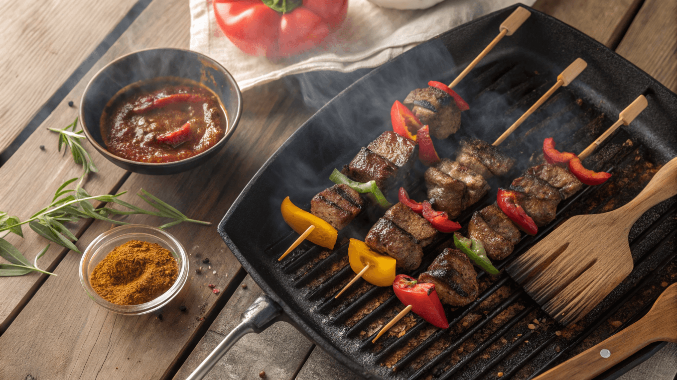 Grilled beef heart skewers with bell peppers and fajita seasoning on a smoky outdoor grill answering : Do people eat beef heart?